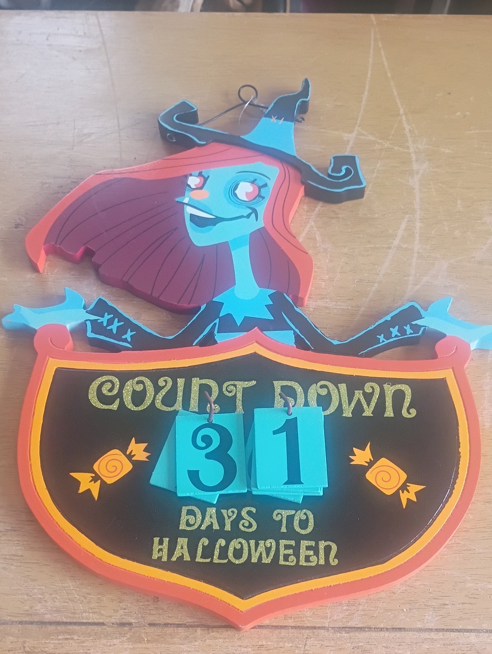 Halloween Witch Countdown Wall Sign - Teal & Orange